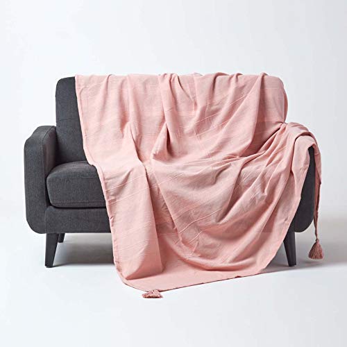 Homescapes Tagesdecke/Sofaüberwurf/Plaid Rajput in Rosa – 225 x 255 cm – handgewebt aus 100% Reiner Baumwolle in RIPP-Optik von Homescapes