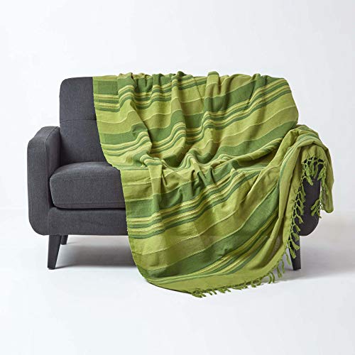 Homescapes Tagesdecke Morocco, grün, Sofa-Überwurf aus 100% Baumwolle, weiche Wohndecke 150 x 200 cm, grün gestreift, mit Fransen von Homescapes