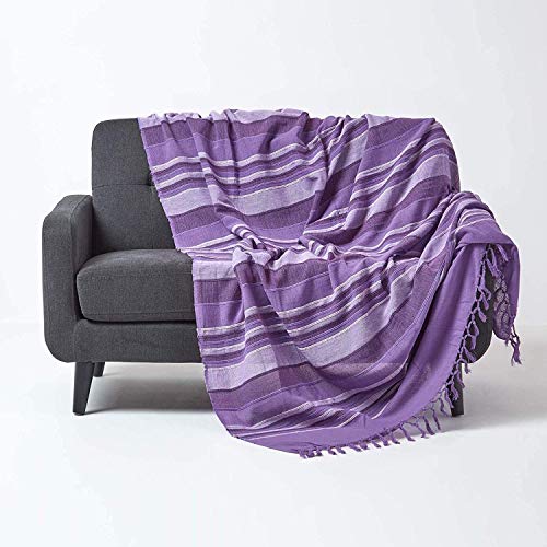 Homescapes Tagesdecke Morocco, lila, Sofa-Überwurf aus 100% Baumwolle, weiche Wohndecke 150 x 200 cm, violett gestreift, mit Fransen von Homescapes