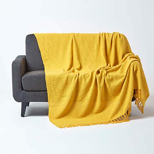 Homescapes Tagesdecke Nirvana, gelb, Wohndecke/Sofaüberwurf aus 100% Baumwolle, 150 x 200 cm, Knoten-Optik mit Fransen von Homescapes