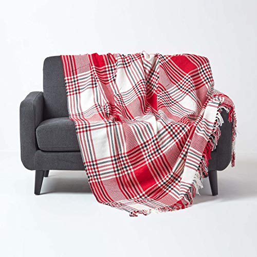 Homescapes Tagesdecke mit Tartan-Muster, Sofa- und Sessel-Überwurf 150 x 200 cm mit Fransen, weiche Wohndecke aus 100% Baumwolle, Schottenmuster, rot-weiß kariert von Homescapes