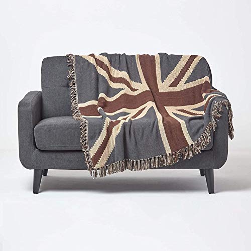 Homescapes Tagesdecke mit britischer Flagge Union Jack, 125 x 150 cm, Sofaüberwurf aus 100% Baumwolle, handgewebt in Jacquard-Gewebe, stilvolle Wohndecke mit Fransen von Homescapes