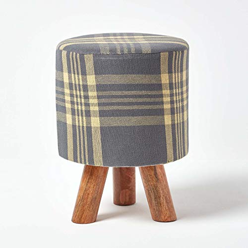 Homescapes Tartan Schottenmuster Stoff Sitzhocker grau gelb Fußhocker Schemel 32 x 32 x 42 cm mit Baumwoll Bezug und Holzbeinen von Homescapes