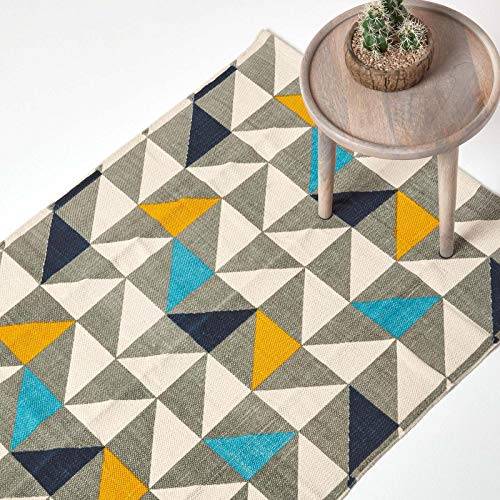 Homescapes Teppich/Bettvorleger Kopenhagen mit Buntem Druck, handgewebt aus Baumwolle, 90 x 150 cm, Baumwollteppich mit geometrischem Dreiecksmuster von Homescapes