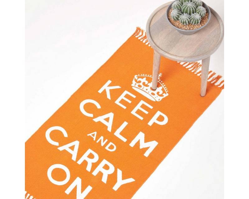 Homescapes Teppich Handgewebter orange-weißer Keep Calm And Carry On-Teppich, 60 x 100 cm, Höhe: 20 mm Homescapes Teppich Handgewebter orange-weißer Keep Calm And Carry On-Teppich, 60 x 100 cm, Höhe: 20 mm von Homescapes