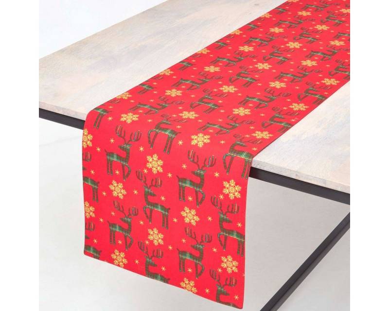 Homescapes Tischläufer Weihnachtstischläufer Rentier rot – 35 x 180 cm, 100% Baumwolle von Homescapes