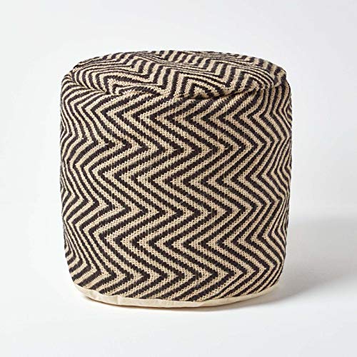 Homescapes Runder Sitzpouf schwarz-Natur, Jute Pouf Hocker Ethno Style 40x45 cm, Sitzsack-Hocker rund mit Zickzack-Muster von Homescapes