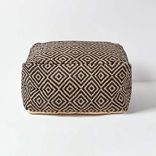 Homescapes Jute Sitzpouf schwarz-Natur im Ethno Style, Sitzsack-Hocker quadratisch 60x30 cm, Sitzquader Bodenkissen mit Rautenmuster von Homescapes