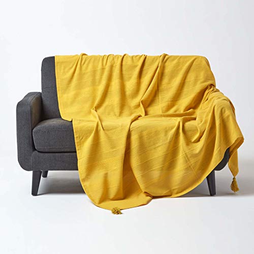 Homescapes extra große Tagesdecke Rajput, gelb, Wohndecke aus 100% Baumwolle, 255 x 360 cm, Sofaüberwurf/Couchüberwurf in RIPP-Optik von Homescapes