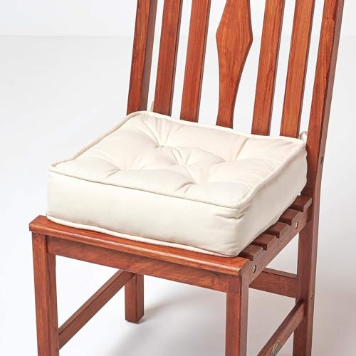 Homescapes Dickes Sitzkissen creme, Stuhlkissen 40x40 cm mit Bändern, Sitzerhöhung 10 cm, Matratzenkissen mit Baumwollbezug von Homescapes