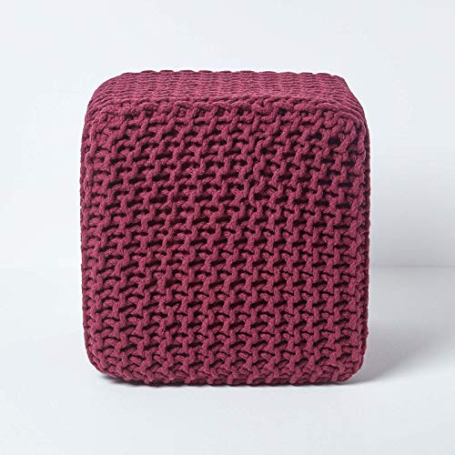 Homescapes gestrickter Sitzhocker Sitzwürfel lila, Strick Sitzpuff 35 x 35 x 35 cm, Strickhocker mit grob gestricktem Bezug aus 100% Baumwolle, Füllung aus 100% Polystyrol, Pflaume von Homescapes