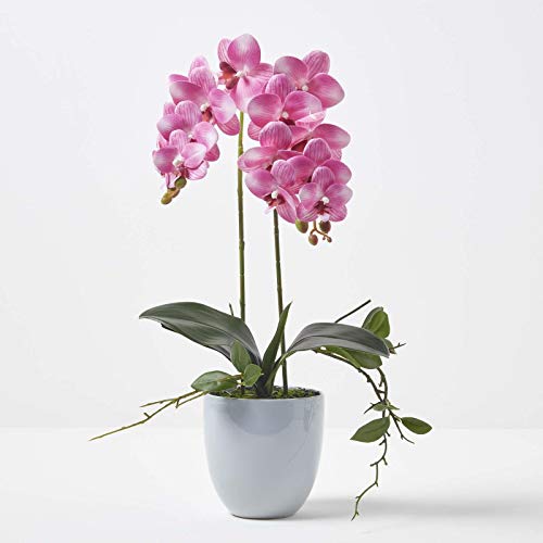Homescapes große Kunstorchidee im Topf, hochwertige künstliche Orchidee mit rosa Blüten, Deko-Orchidee Phalaenopsis im grauen Keramiktopf, dekorative Kunstblume, 54 cm hoch von Homescapes