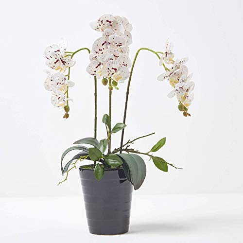 Homescapes große Kunstorchidee im Topf, hochwertige künstliche Orchidee mit weißen Blüten, Deko-Orchidee Phalaenopsis im schwarzen Keramiktopf, dekorative Kunstblume, 50 cm hoch von Homescapes