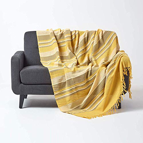 Homescapes große Tagesdecke Morocco, gelb, Sofa-Überwurf aus 100% Baumwolle, weiche Wohndecke 225 x 255 cm, gelb gestreift, mit Fransen von Homescapes