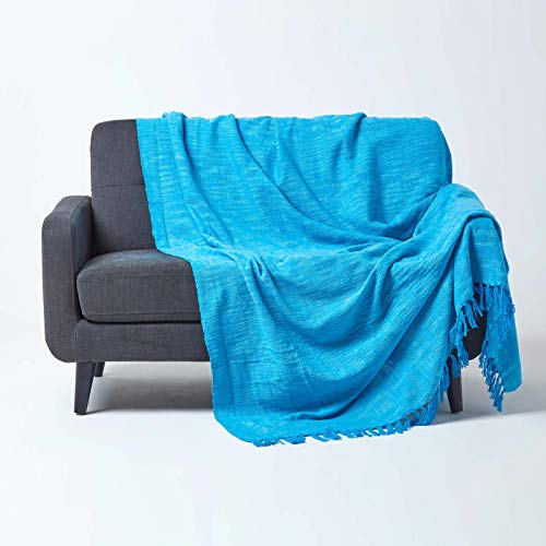 Homescapes große Tagesdecke Nirvana, blau, Wohndecke/Sofaüberwurf aus 100% Baumwolle, 225 x 255 cm, Knoten-Optik mit Fransen, hellblau von Homescapes