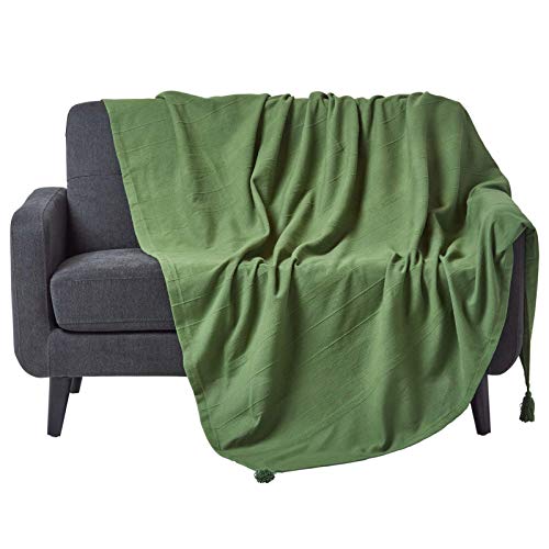 Homescapes Wohndecke Rajput grün – leichte Baumwolldecke 225x255 cm, Tagesdecke aus 100% Baumwolle, Sofaüberwurf handgewebt mit Streifenstruktur, Couch-Überwurf mit Quasten, Oeko-Tex von Homescapes