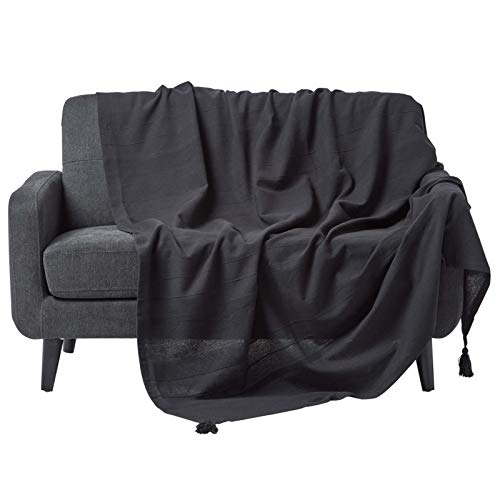 Homescapes große Tagesdecke Rajput, schwarz, Wohndecke aus 100% Baumwolle, 225 x 255 cm, Sofaüberwurf/Couchüberwurf in RIPP-Optik von Homescapes