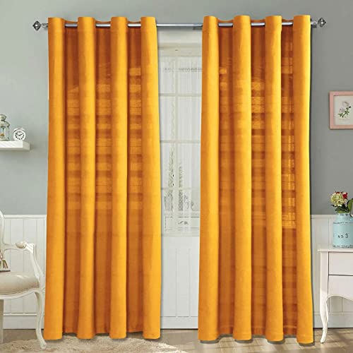Homescapes Rajput Ösenvorhang 2er-Set, Vorhang senfgelb 137x137 cm aus 100% Baumwolle, 2 handgewebte Vorhangschals in RIPP-Optik, senfgelbe Gardinen mit Ösen von Homescapes
