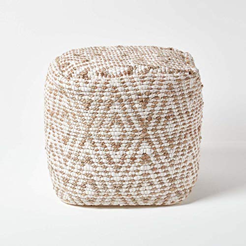 Homescapes handgewobener Chindi Sitzpouf - Sitzkissen mit geometrischen Muster, Diamant, Hanf, Beige - Weiß, Sierra, 40 x 40 x 40cm von Homescapes