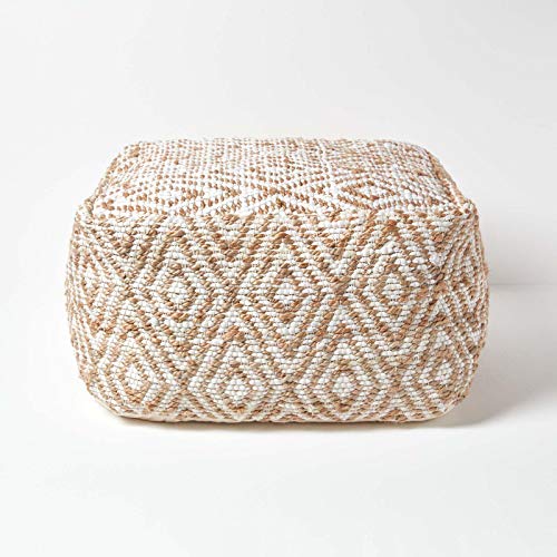 Homescapes handgewobener Chindi Sitzpouf - Sitzkissen mit geometrischen Muster, Diamant, Hanf, Beige - Weiß, Sierra, 60 x 60 x 30cm von Homescapes