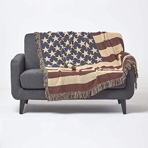 Homescapes handgewobener Überwurf Flagge Amerika 125 x 150 cm 100% reine Baumwolle – USA Stars & Stripes Jacquard Sofaüberwurf Sesselüberwurf Decke mit Fransen von Homescapes