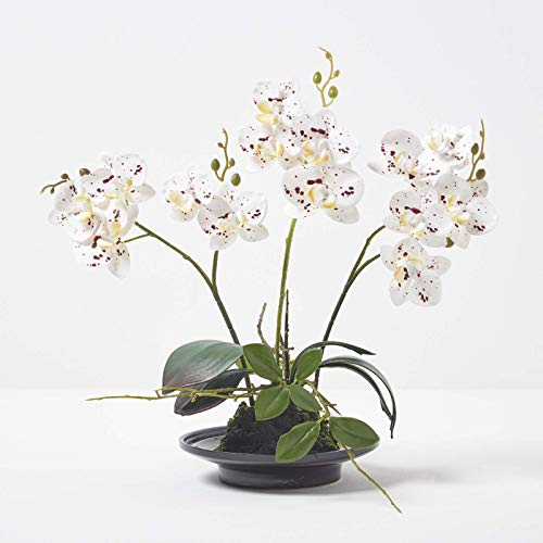 Homescapes mittelgroße Kunstorchidee im Topf, hochwertige künstliche Orchidee mit weißen Blüten, Deko-Orchidee Phalaenopsis im schwarzen Keramiktopf, dekorative Kunstblume, 38 cm hoch von Homescapes