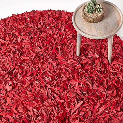 Homescapes runder Lederteppich Dallas (150cm), Fransenteppich aus 100% Echtleder, moderner Shaggy-/Hochflor-Teppich, rot von Homescapes