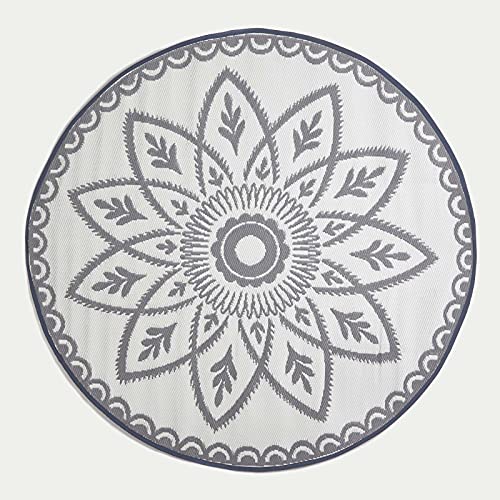 Homescapes runder Outdoor-Teppich Henna mit Mandala-Muster, ∅ 180 cm, wetterfester Gartenteppich für Außen und Innen aus Polypropylen, grau-weiß, wasserfester Teppich für Balkon, Terrasse und Garten von Homescapes