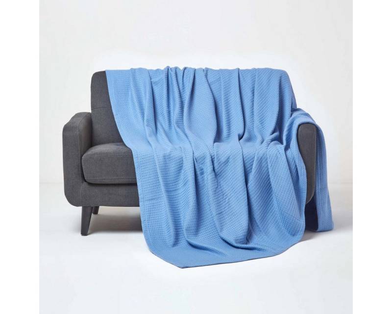 Plaid 100% Bio-Baumwolle Waffeldecke blau, 125 x 150 cm, Homescapes von Homescapes
