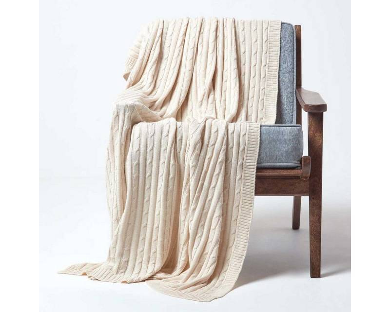 Plaid Baumwolldecke mit Zopfmuster, beige, 130 x 170 cm, Homescapes von Homescapes