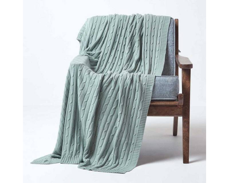 Plaid Baumwolldecke mit Zopfmuster, blau, 130 x 170 cm, Homescapes von Homescapes