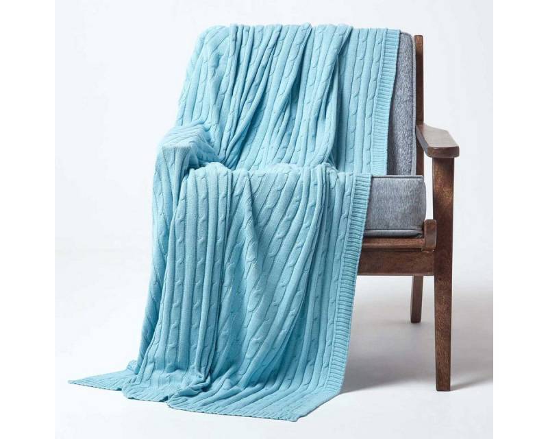 Plaid Baumwolldecke mit Zopfmuster, hellblau, 130 x 170 cm, Homescapes von Homescapes