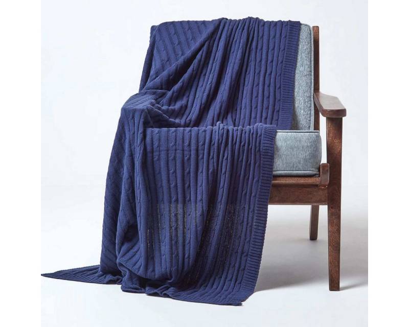 Plaid Baumwolldecke mit Zopfmuster, marineblau, 130 x 170 cm, Homescapes von Homescapes