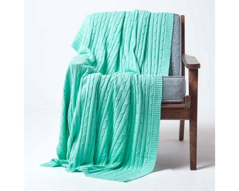 Plaid Baumwolldecke mit Zopfmuster, pastellgrün, 130 x 170 cm, Homescapes von Homescapes