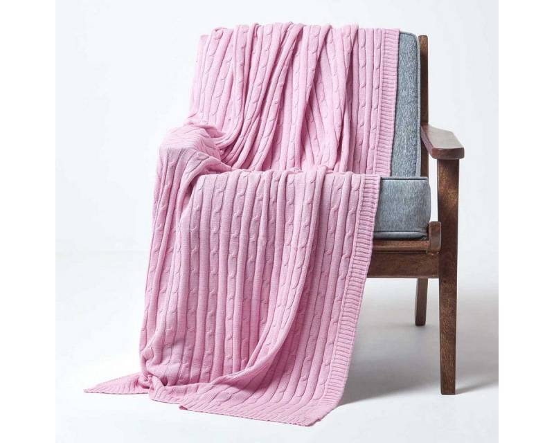 Plaid Baumwolldecke mit Zopfmuster, rosa, 130 x 170 cm, Homescapes von Homescapes