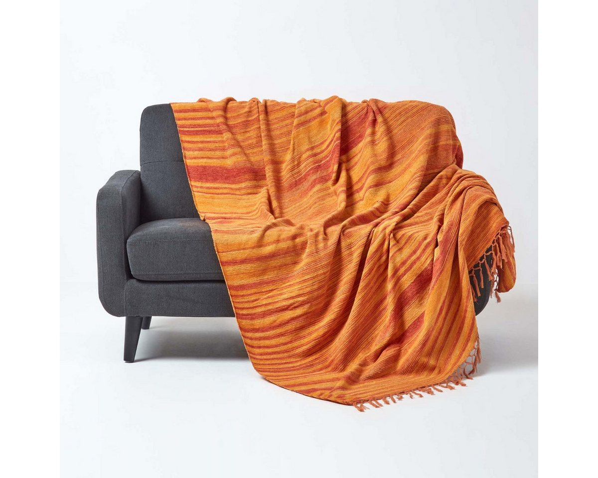 Plaid Gestreifter Chenille-Überwurf, 100% Baumwolle, orange, 150 x 200 cm, Homescapes von Homescapes