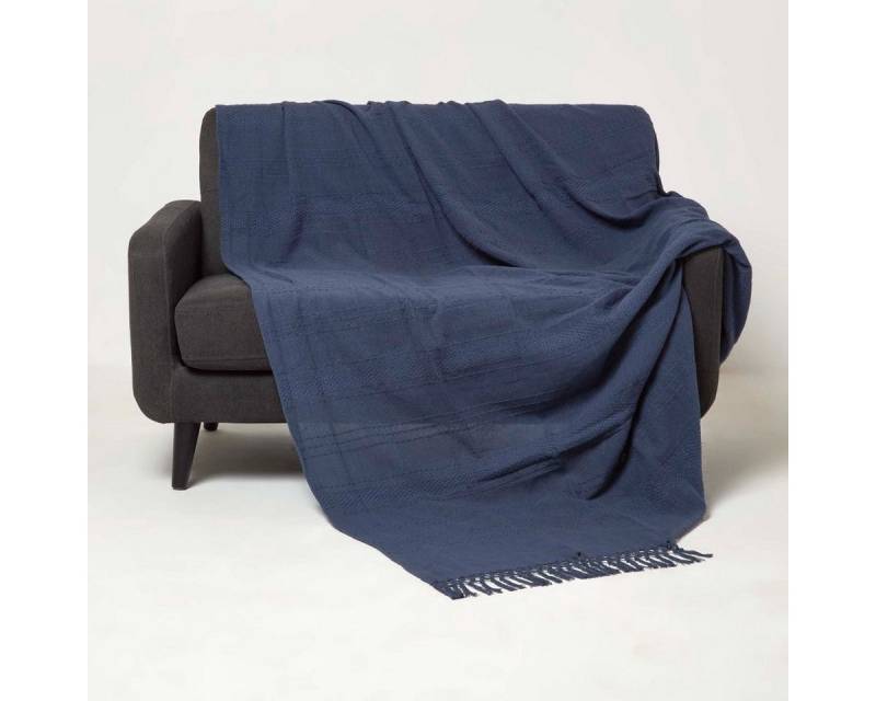 Plaid Kashi Tagesdecke blau 225 x 255 cm – Baumwolldecke mit Fransen, Homescapes von Homescapes