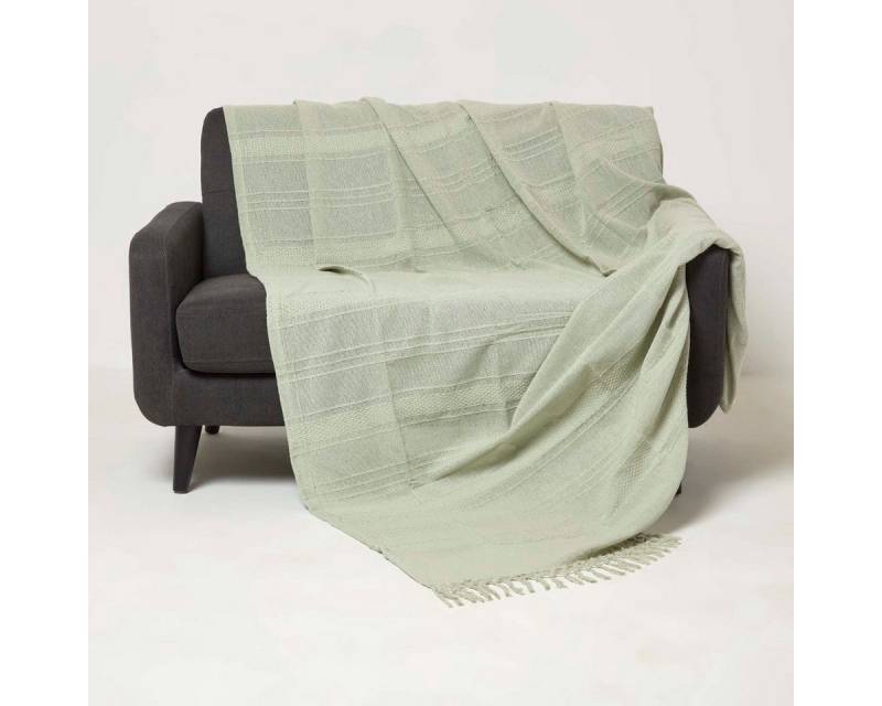 Plaid Kashi Tagesdecke grün 225 x 255 cm – Baumwolldecke mit Fransen, Homescapes von Homescapes