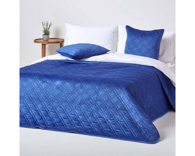 Plaid Samtweiche Tagesdecke mit Rauten-Muster, marineblau, 200 x 200 cm, Homescapes von Homescapes
