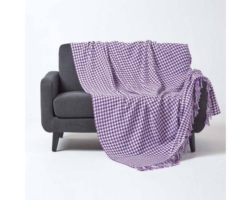 Plaid Sofaüberwurf lila weiß Hahnentrittmuster, 225 x 255 cm, Homescapes von Homescapes