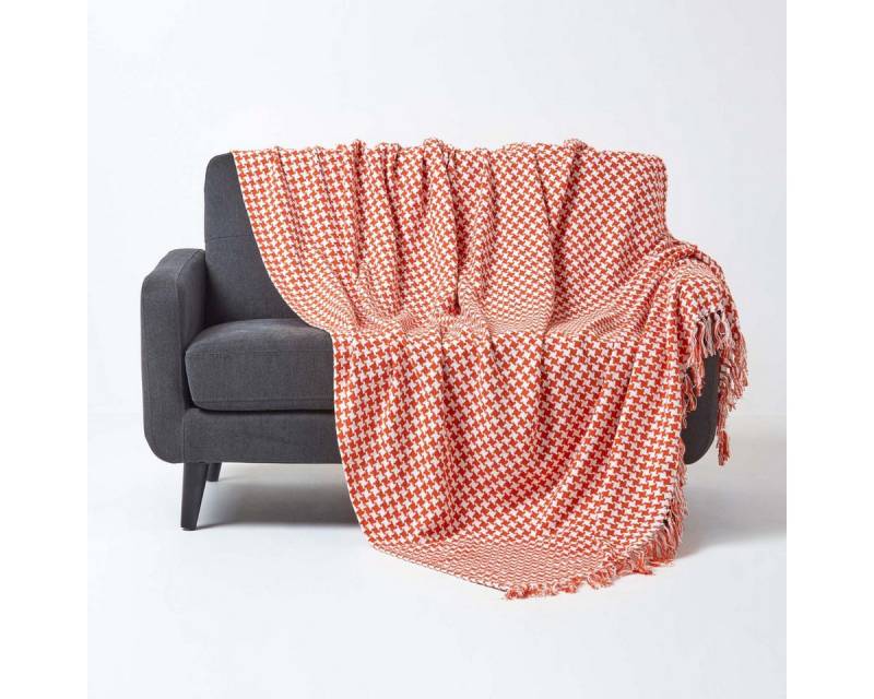 Plaid Sofaüberwurf orange weiß Hahnentrittmuster, 255 x 360 cm, Homescapes von Homescapes