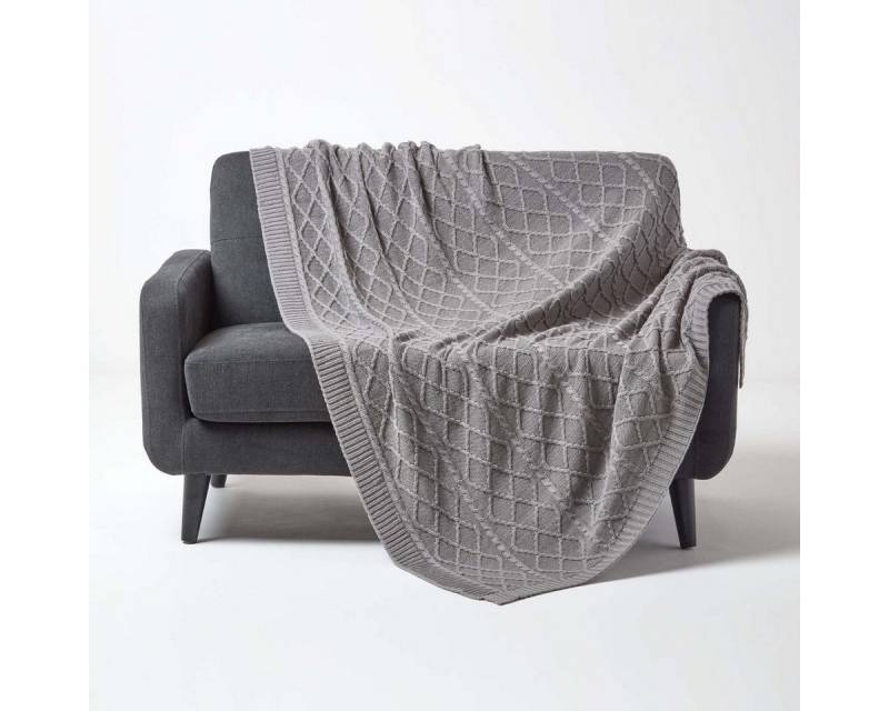 Plaid Strickdecke aus 100% Baumwolle, grau, 130 x 170 cm, Homescapes von Homescapes