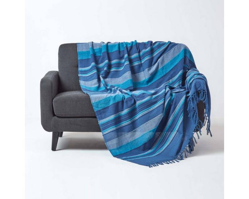 Plaid Tagesdecke Morocco, blau gestreift, 150 x 200 cm, Homescapes von Homescapes