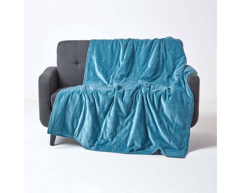 Plaid Wattierte Tagesdecke aus Samt, Himmelblau, 125 x 150 cm, Homescapes von Homescapes