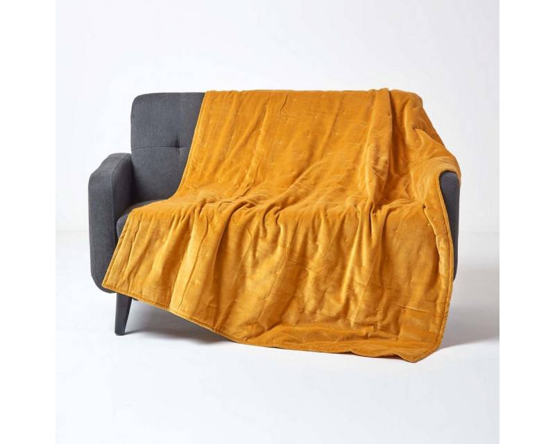 Plaid Wattierte Tagesdecke aus Samt, senfgelb, 125 x 150 cm, Homescapes von Homescapes