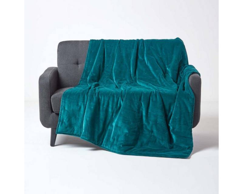 Plaid Wattierte Tagesdecke aus Samt, smaragdgrün, 125 x 150 cm, Homescapes von Homescapes