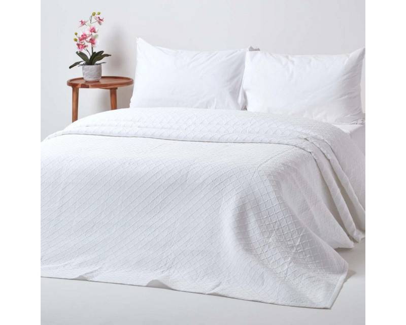 Plaid Weiße Tagesdecke mit Diamant-Muster, 180 x 260 cm, Homescapes von Homescapes