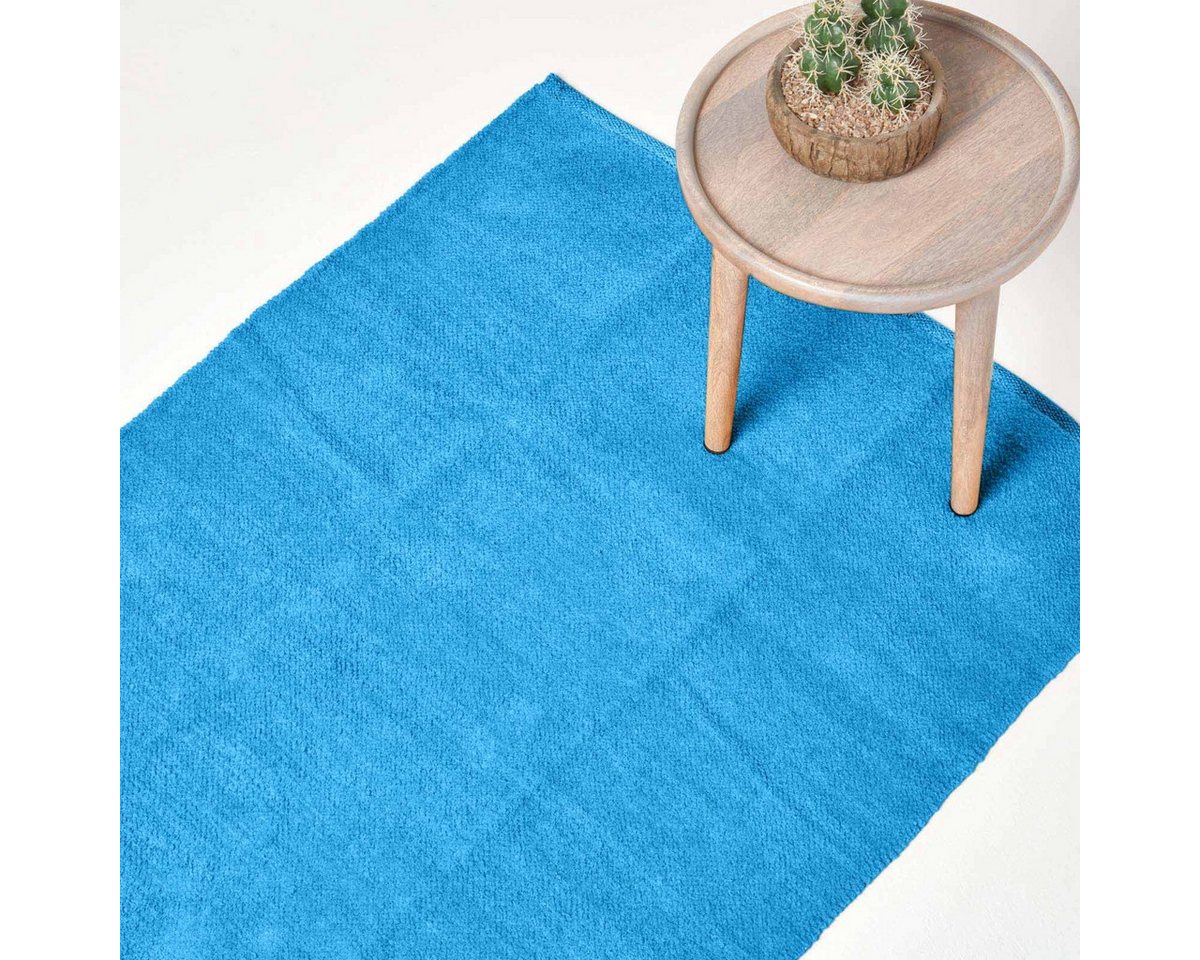 Teppich Blauer Chenille-Teppich aus 100% Baumwolle, 110 x 170 cm, Homescapes, Höhe: 20 mm von Homescapes