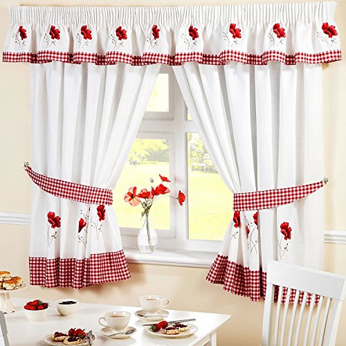 Homespace Direct Bestickte Blumen Gingham Kariert Mohn Bleistiftfalten Küche Vorhänge und Raffhalter, rot, Polyester, rot, 66 x 54-Inch von Homespace Direct