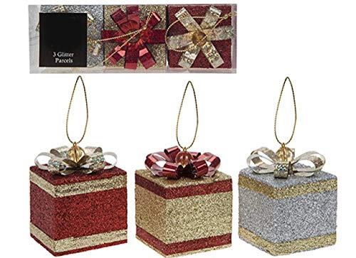 Homestreet Christmas Glitzer-Geschenkbox Baumschmuck rot gold und silber glitzernde Geschenkbox hängende Baumschmuck 3 Stück kleine Geschenke mit Schleife und Schmucksteinen von Homestreet